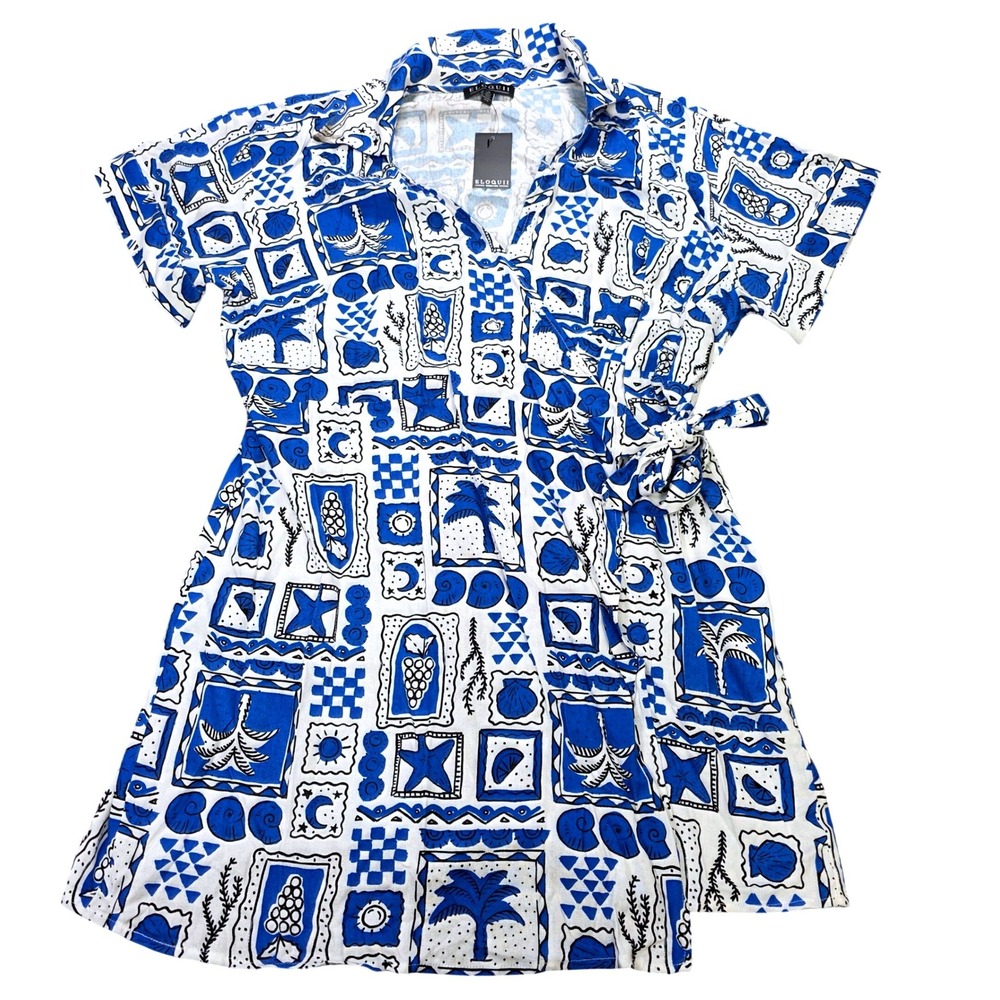 Eloquii Tropical Tile Wrap Mini Dress Women's Size 20W Blue White Linen  NWT